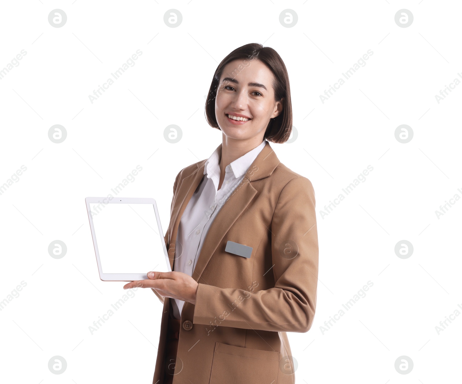 Smiling hostess in uniform with tablet on white background Photo of Smiling hostess in uniform with tablet on white background