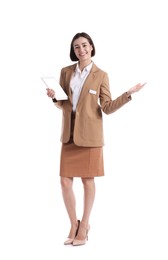 Photo of Smiling hostess in uniform with tablet on white background