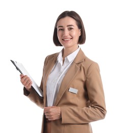 Photo of Smiling hostess in uniform with clipboard on white background