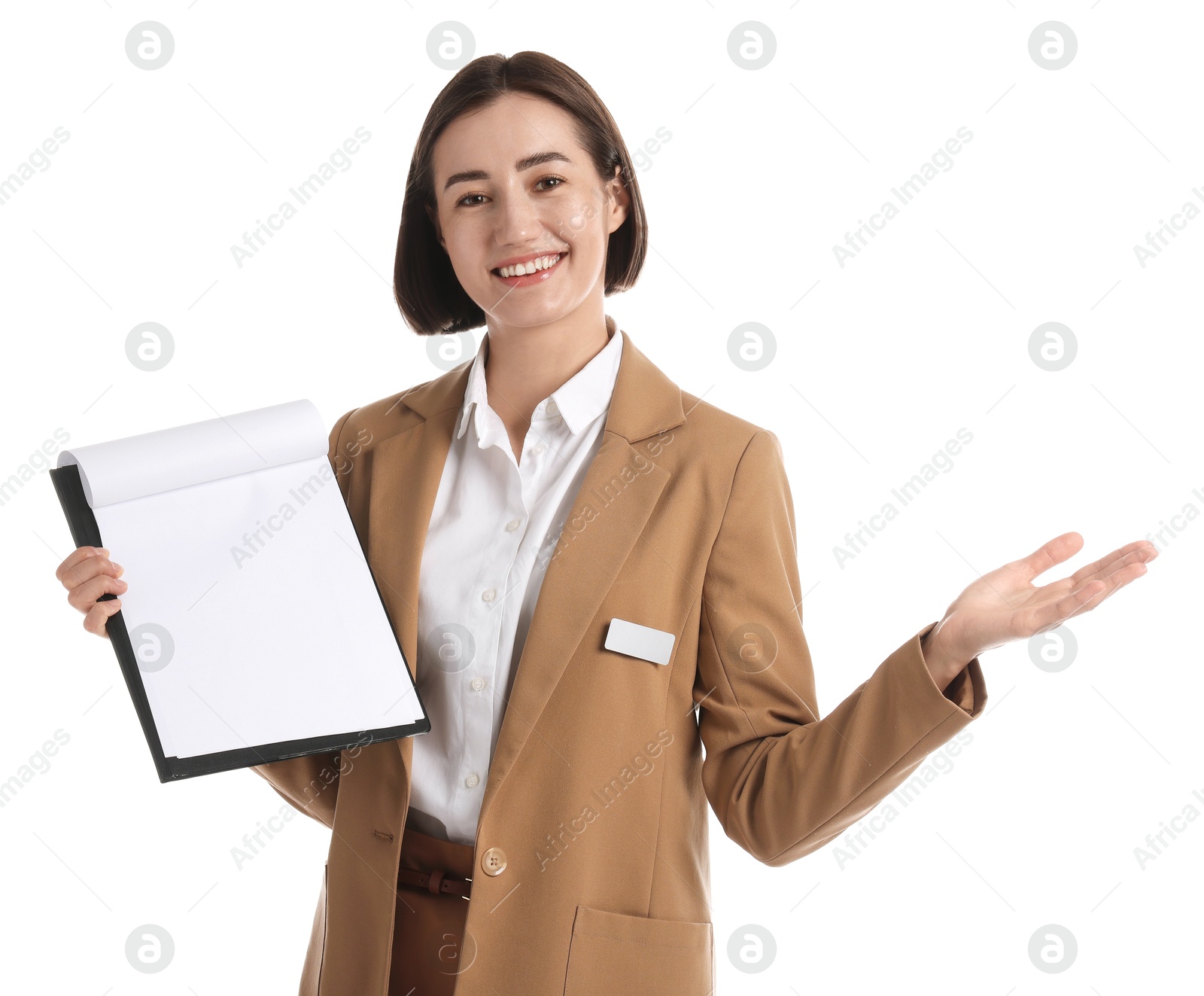 Smiling hostess in uniform with clipboard on white background Photo of Smiling hostess in uniform with clipboard on white background