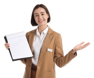 Photo of Smiling hostess in uniform with clipboard on white background