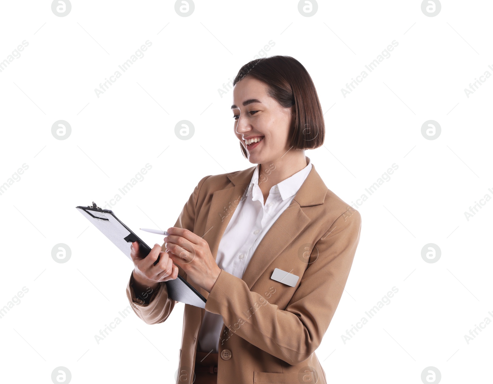 Smiling hostess in uniform with clipboard on white background Photo of Smiling hostess in uniform with clipboard on white background