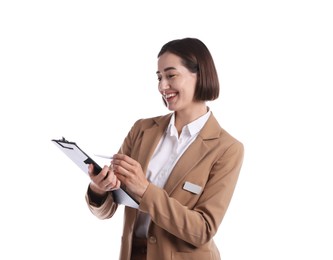 Photo of Smiling hostess in uniform with clipboard on white background