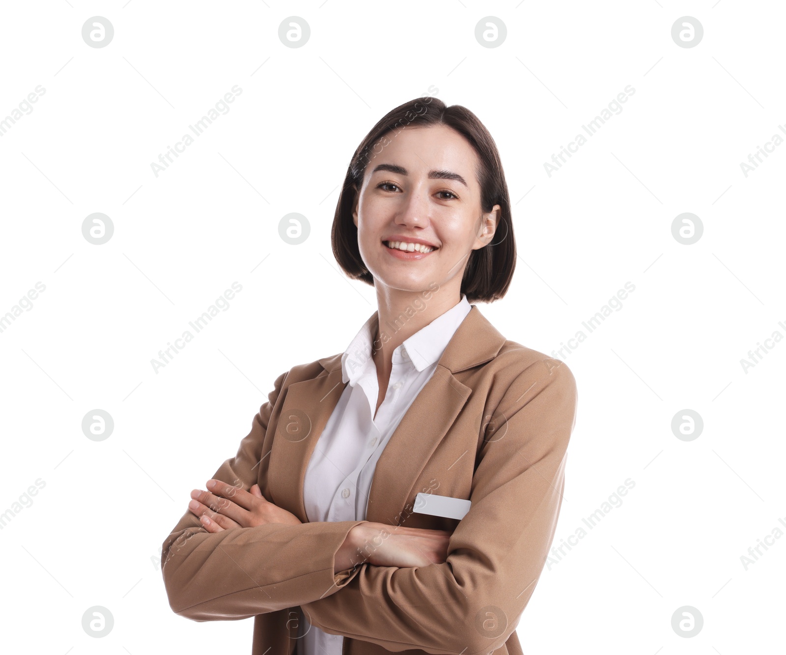 Portrait of smiling hostess in uniform on white background Photo of Portrait of smiling hostess in uniform on white background