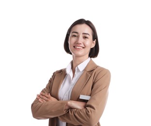 Photo of Portrait of smiling hostess in uniform on white background