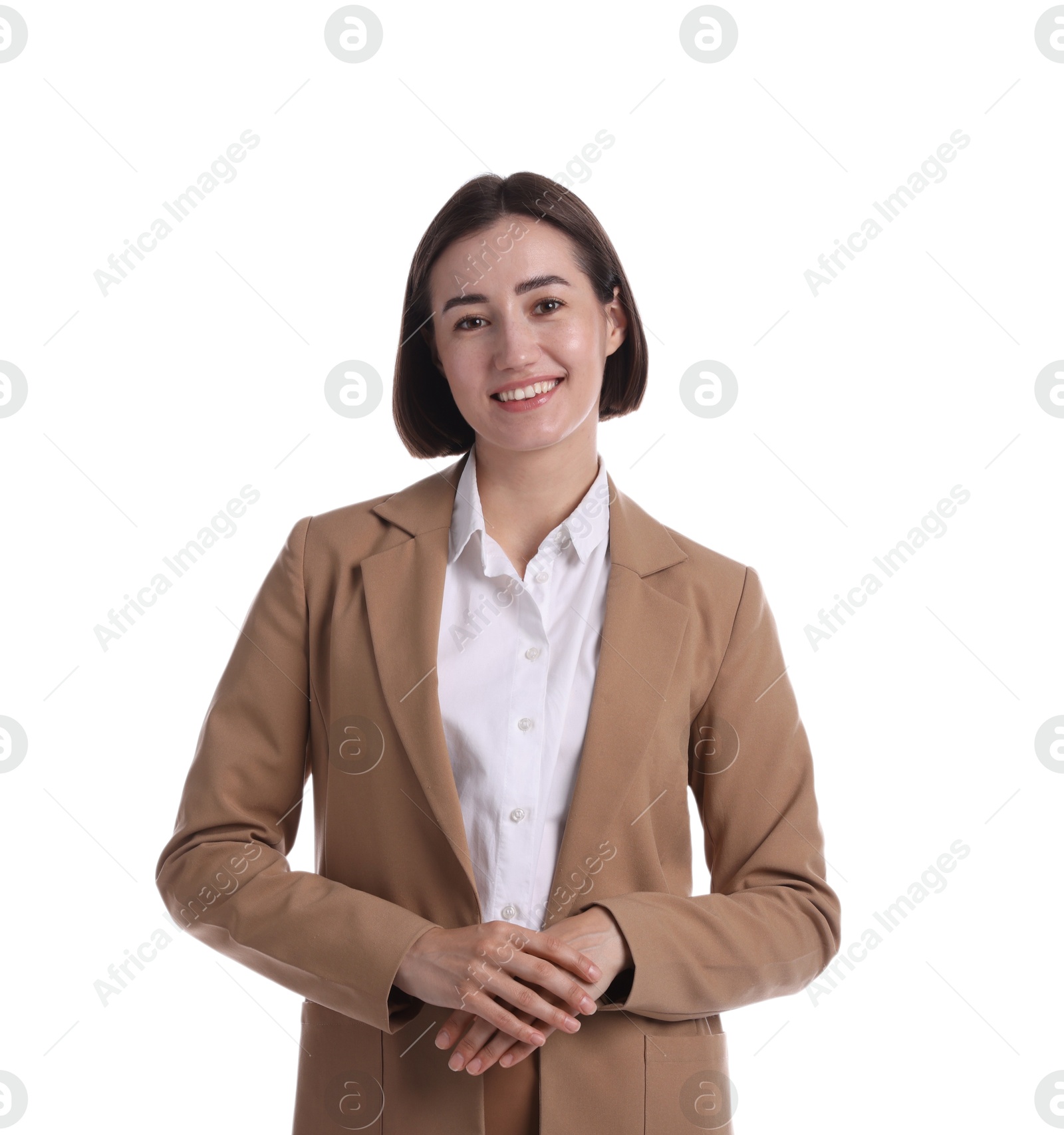 Portrait of smiling hostess in uniform on white background Photo of Portrait of smiling hostess in uniform on white background