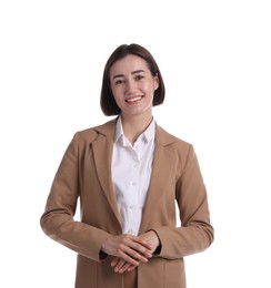 Photo of Portrait of smiling hostess in uniform on white background
