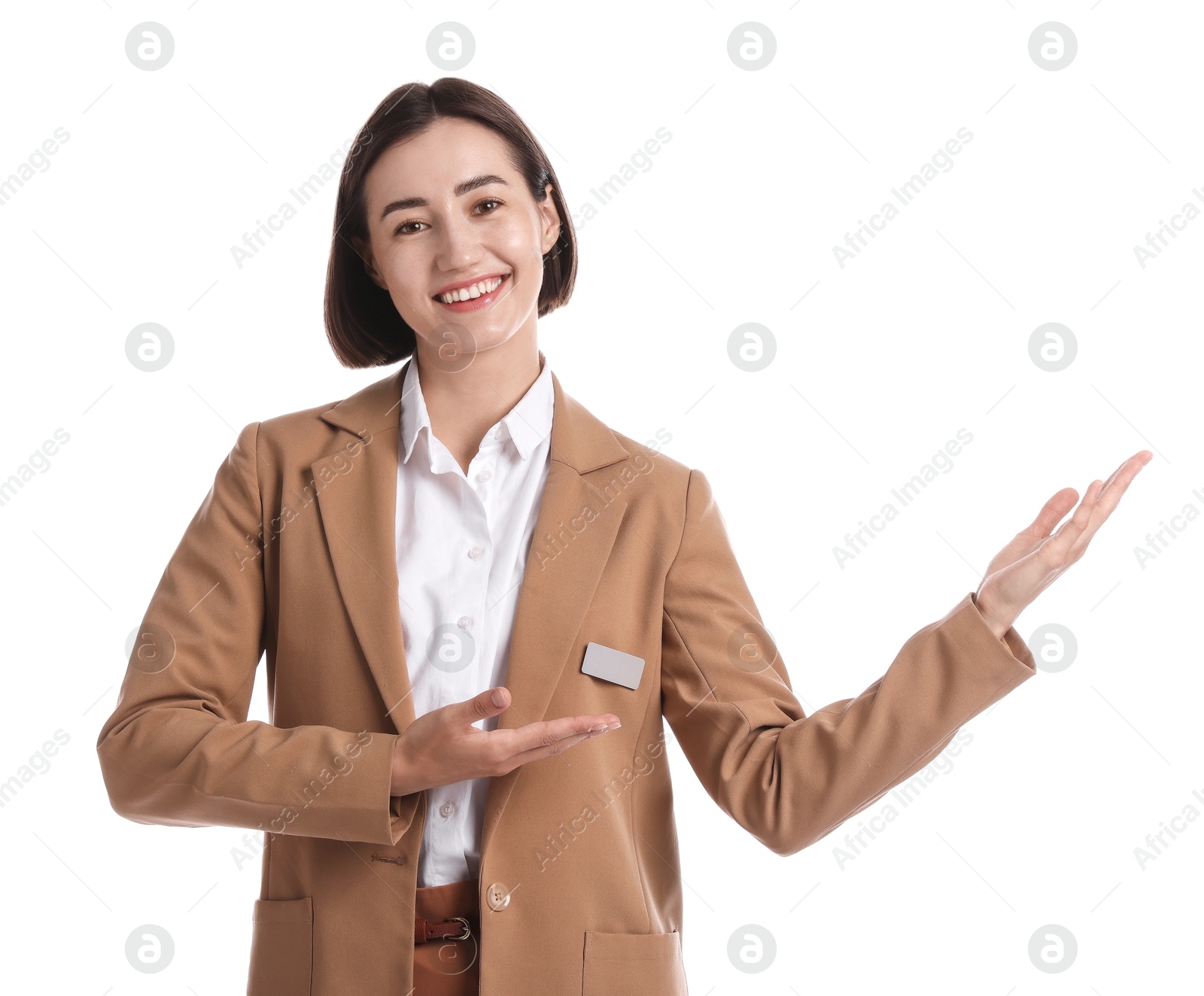 Portrait of hostess in uniform on white background Photo of Portrait of hostess in uniform on white background