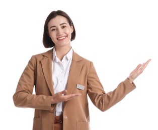 Photo of Portrait of hostess in uniform on white background