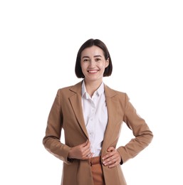 Photo of Portrait of smiling hostess in uniform on white background