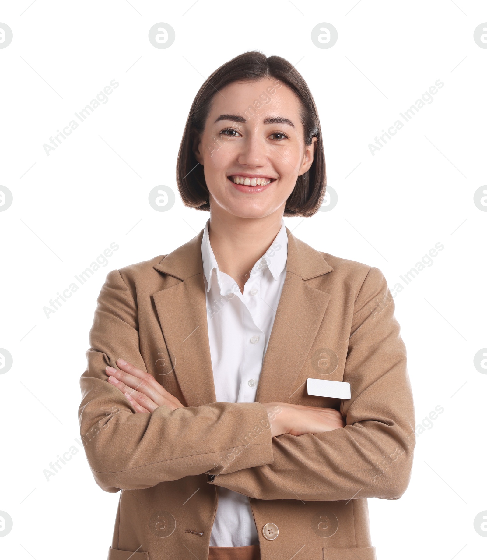 Portrait of hostess in uniform on white background Photo of Portrait of hostess in uniform on white background