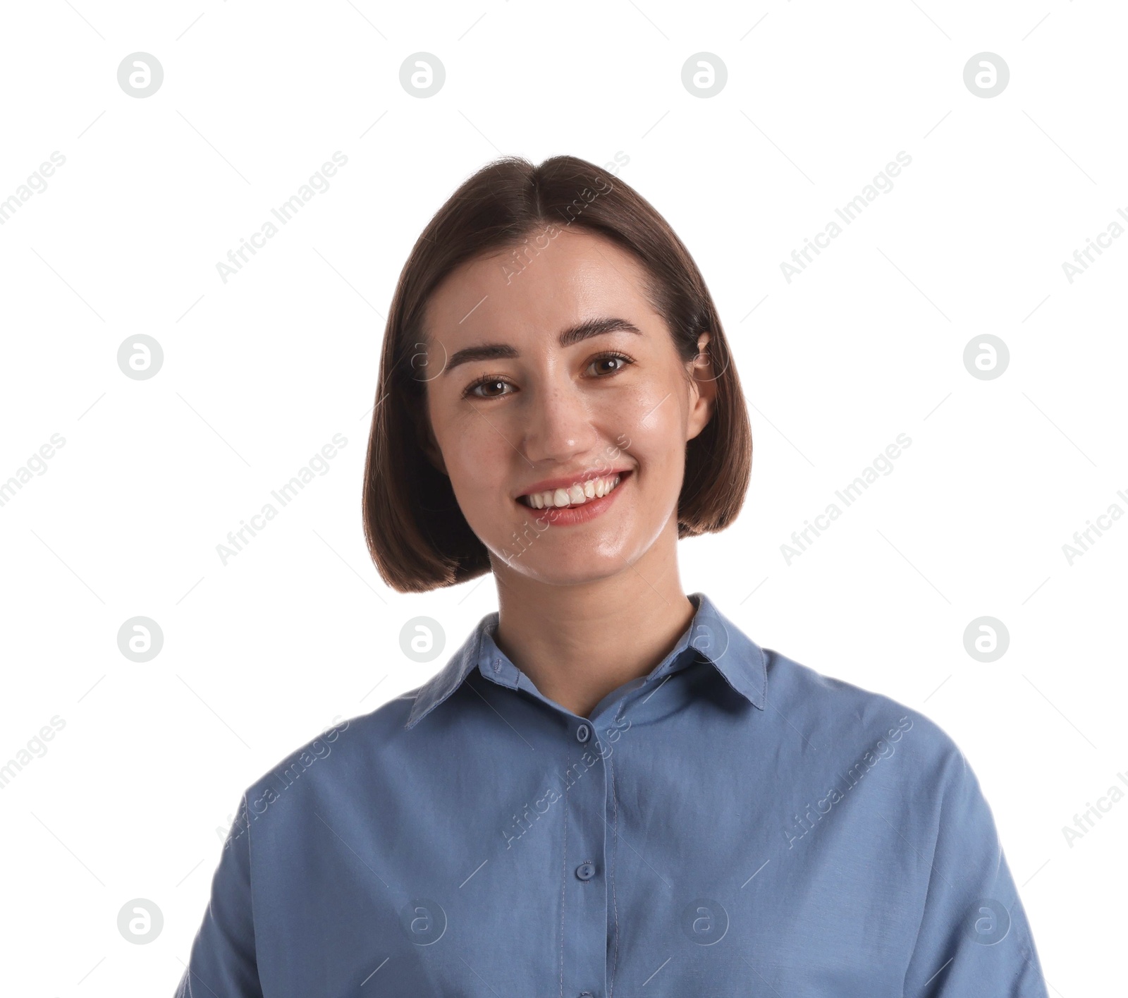 Portrait of smiling hostess in uniform on white background Photo of Portrait of smiling hostess in uniform on white background