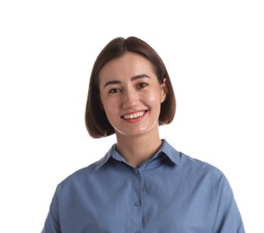 Photo of Portrait of smiling hostess in uniform on white background