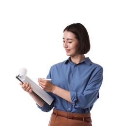 Photo of Smiling hostess in uniform with clipboard on white background