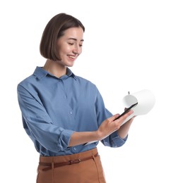 Photo of Smiling hostess in uniform with clipboard on white background