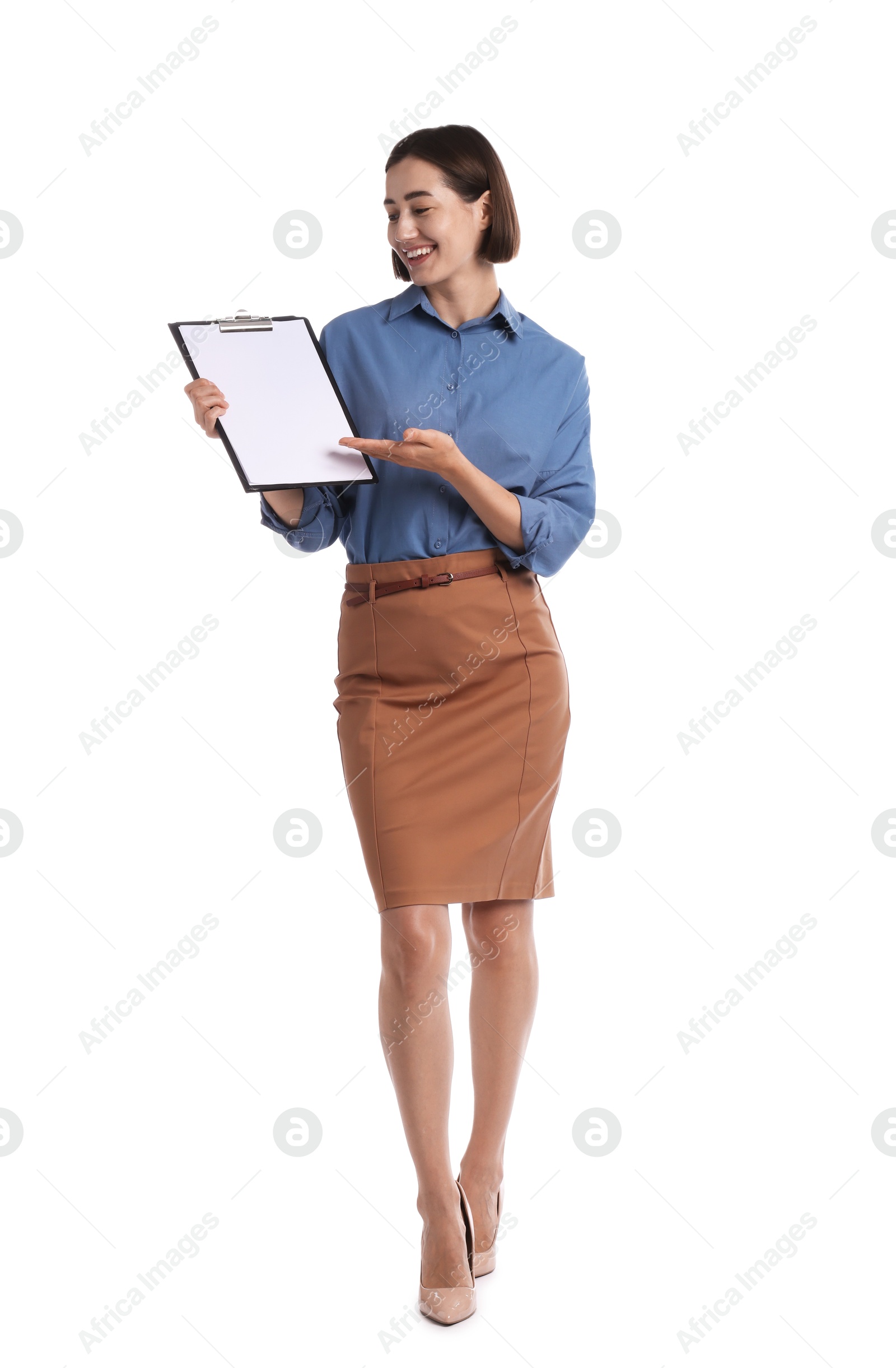 Smiling hostess in uniform with clipboard on white background Photo of Smiling hostess in uniform with clipboard on white background