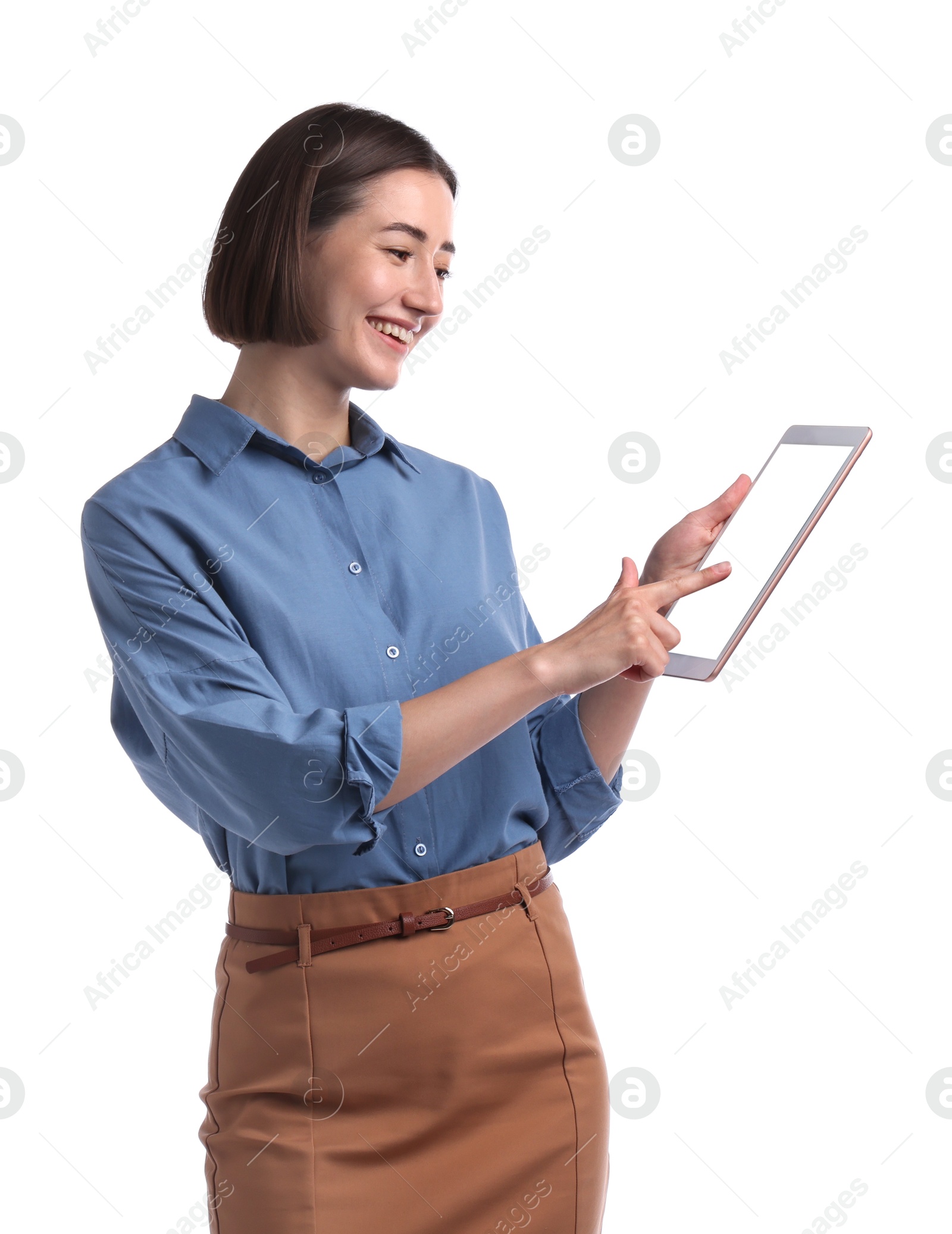 Smiling hostess in uniform using tablet on white background Photo of Smiling hostess in uniform using tablet on white background