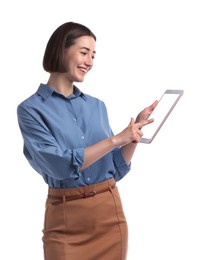 Photo of Smiling hostess in uniform using tablet on white background