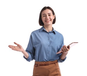 Photo of Smiling hostess in uniform with tablet on white background