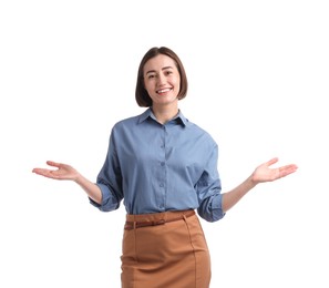 Photo of Portrait of hostess in uniform on white background
