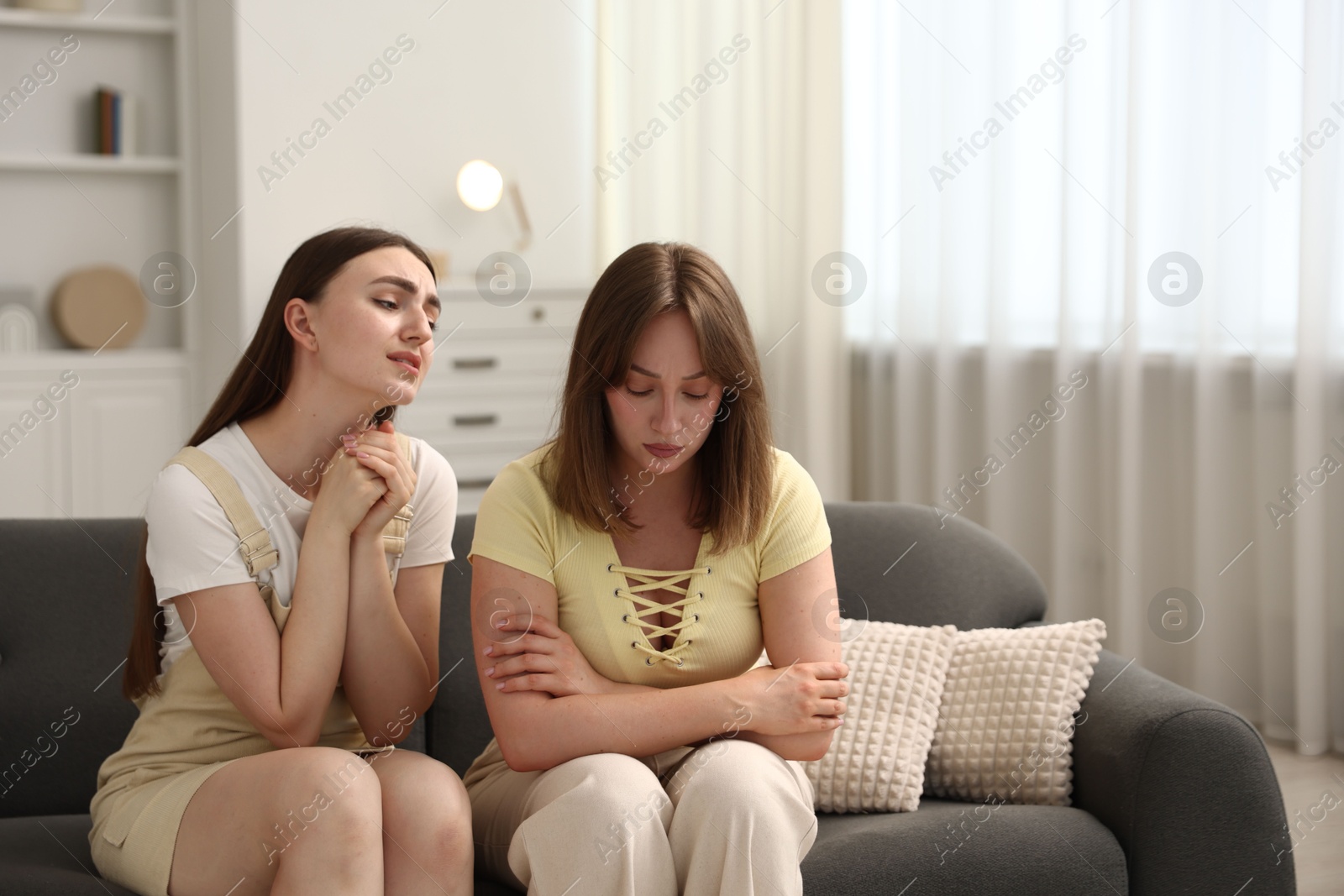 Photo of Woman apologizing to her offended friend on sofa at home