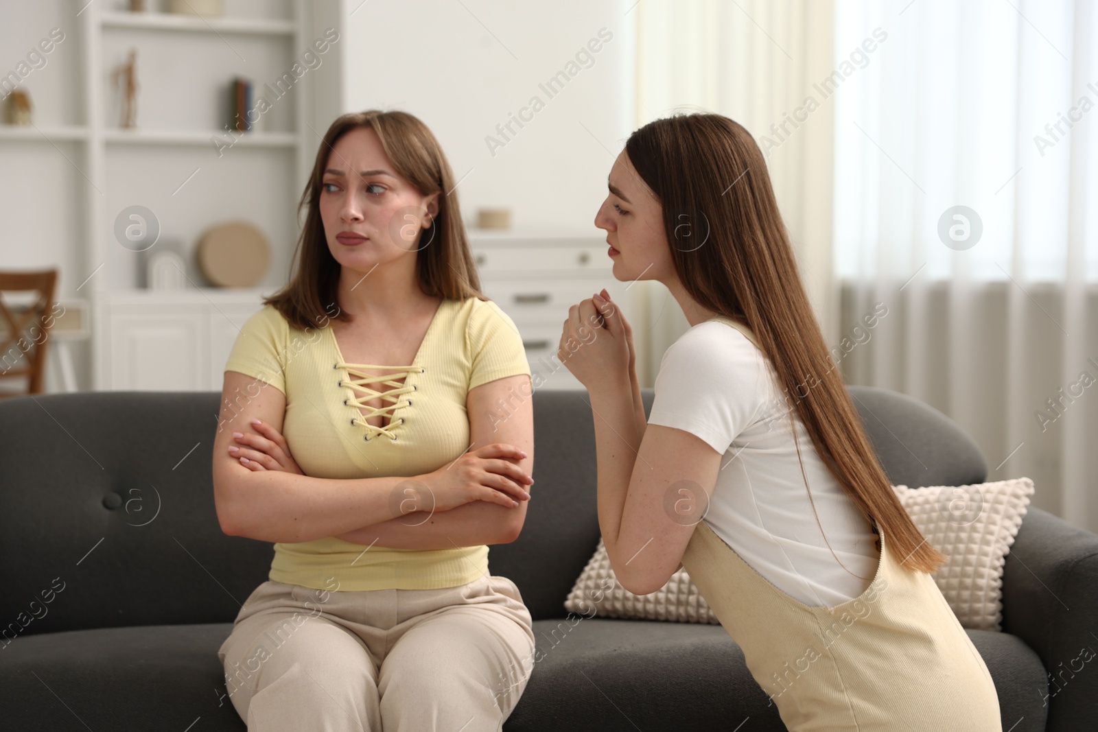 Photo of Woman apologizing to her offended friend on sofa at home
