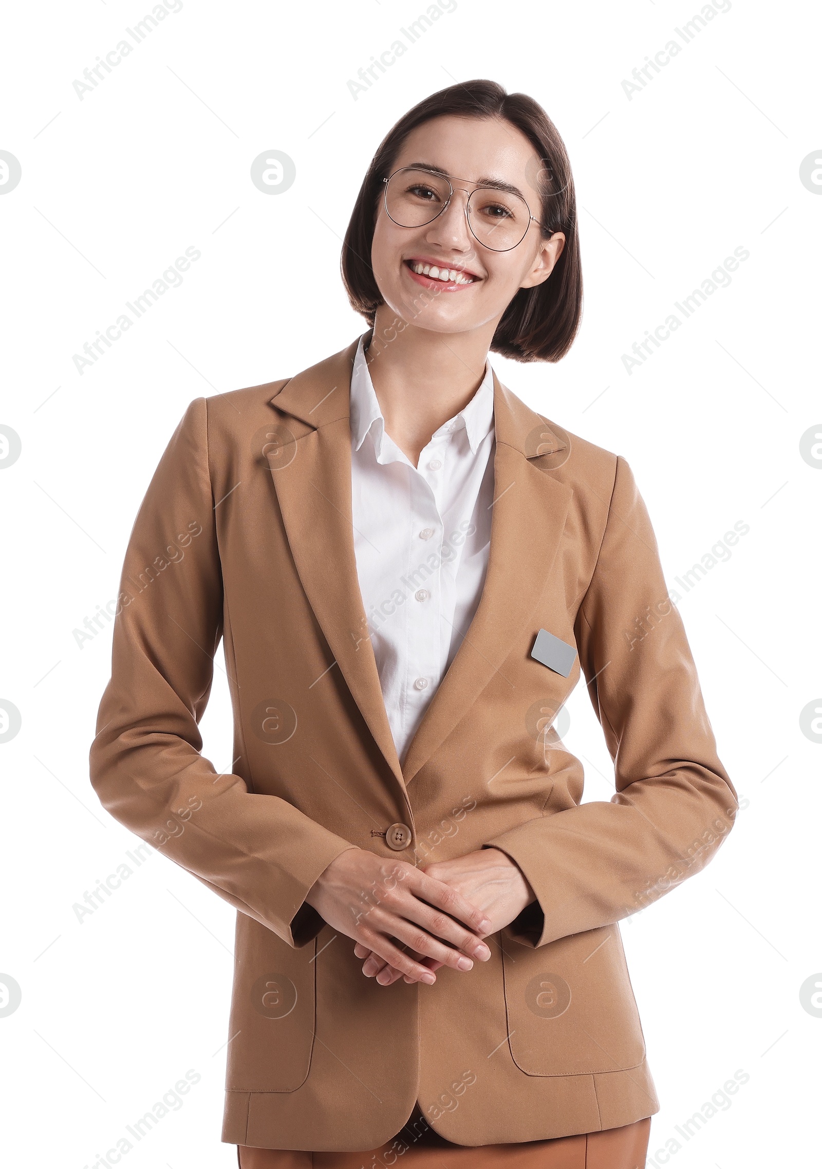 Portrait of smiling hostess in uniform on white background Photo of Portrait of smiling hostess in uniform on white background