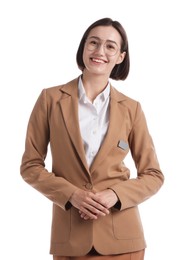 Photo of Portrait of smiling hostess in uniform on white background