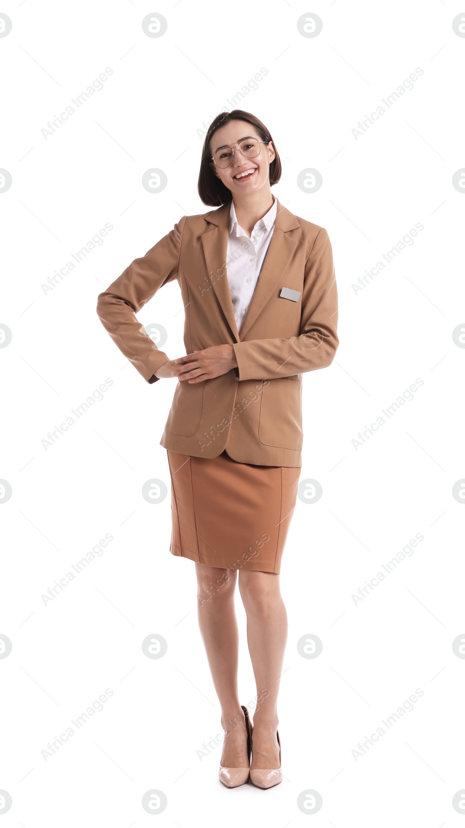 Full length portrait of hostess in uniform on white background Photo of Full length portrait of hostess in uniform on white background