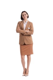 Photo of Full length portrait of hostess in uniform on white background