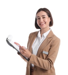 Photo of Smiling hostess in uniform with clipboard on white background