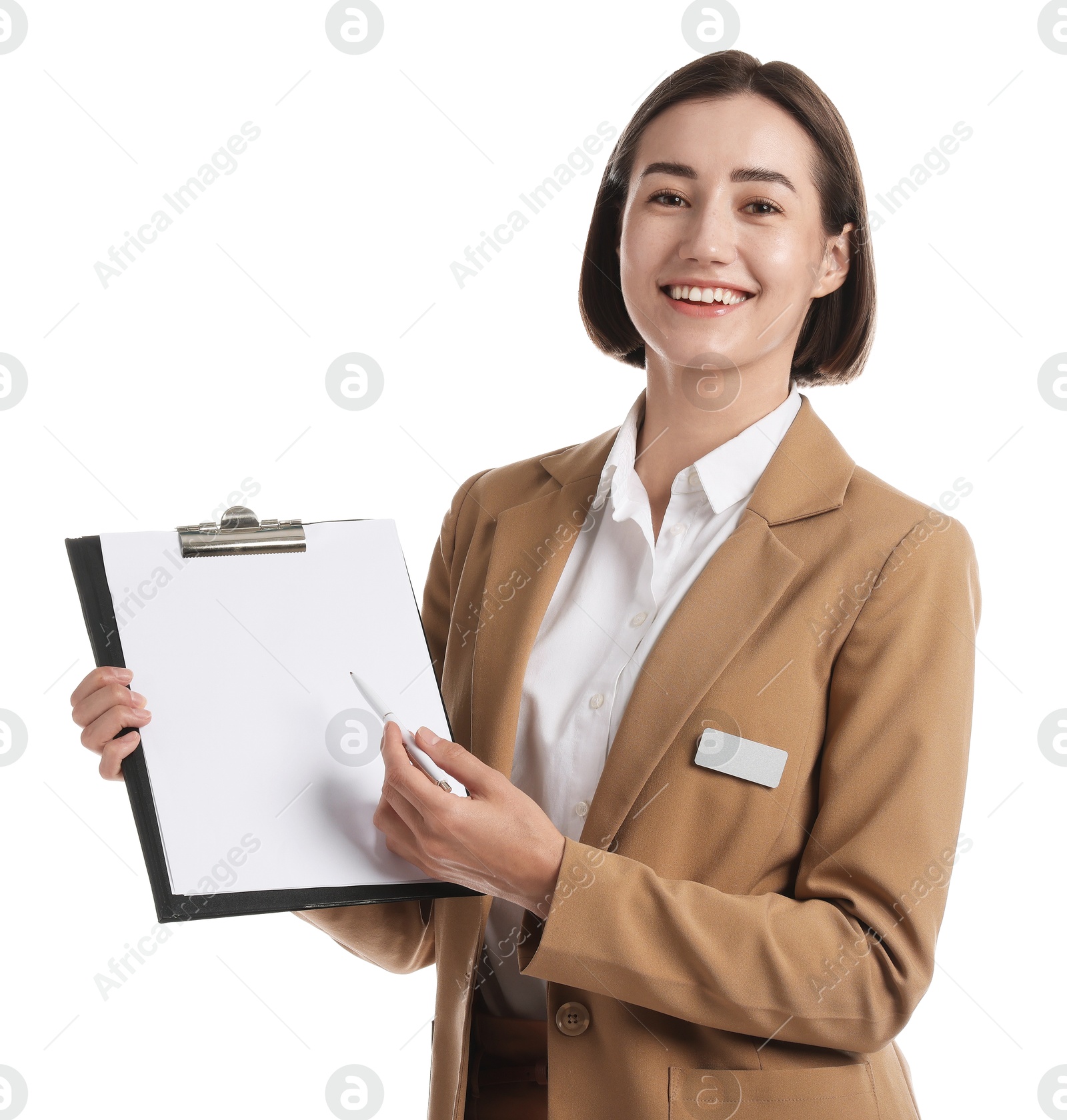 Smiling hostess in uniform with clipboard on white background Photo of Smiling hostess in uniform with clipboard on white background