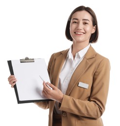 Photo of Smiling hostess in uniform with clipboard on white background