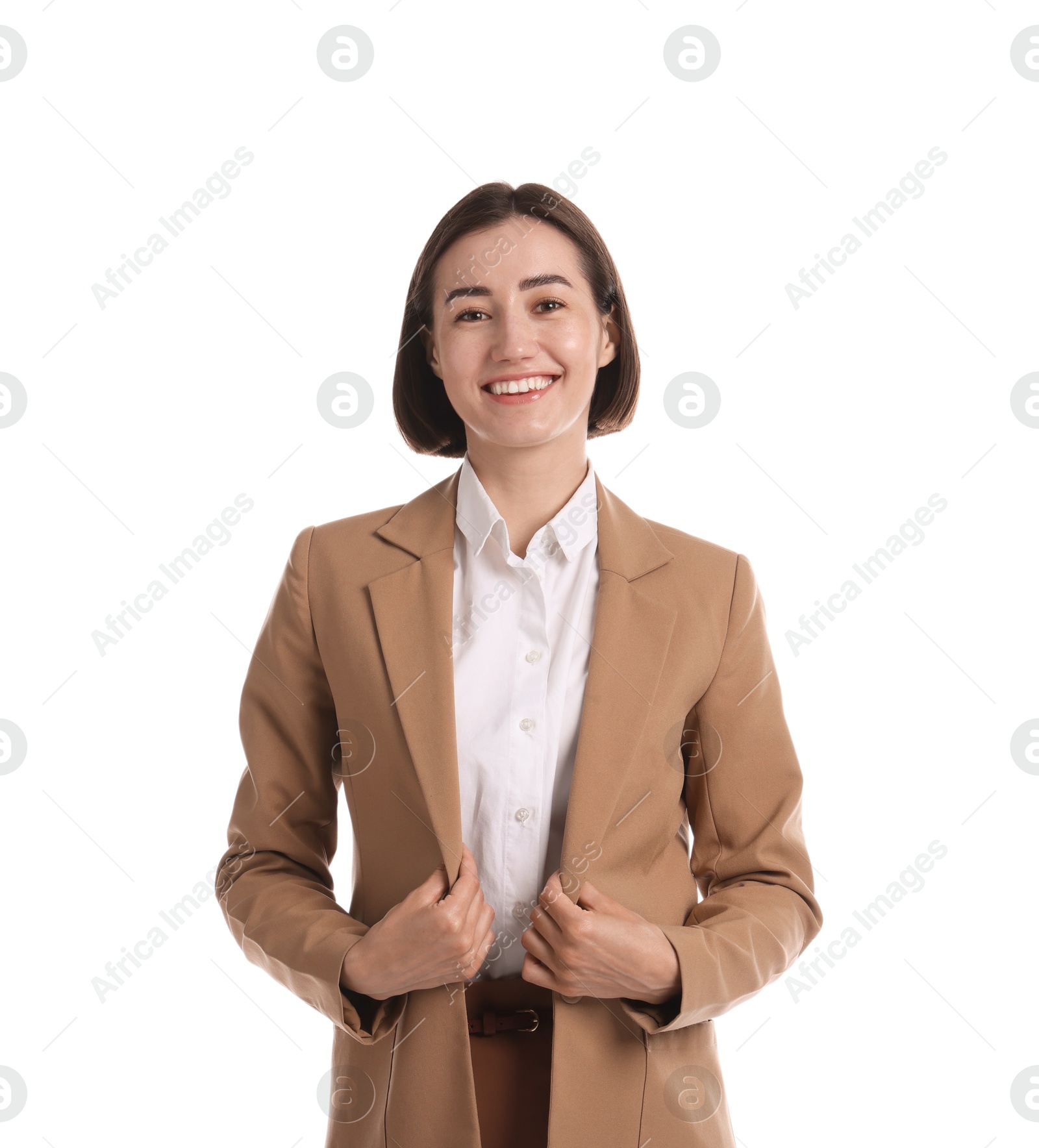 Portrait of smiling hostess in uniform on white background Photo of Portrait of smiling hostess in uniform on white background