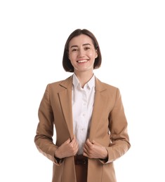 Photo of Portrait of smiling hostess in uniform on white background