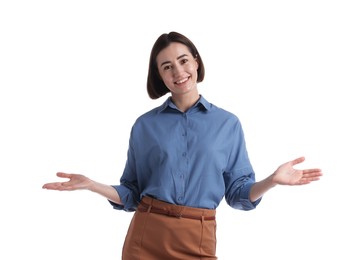Photo of Portrait of hostess in uniform on white background