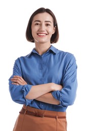 Photo of Portrait of smiling hostess in uniform on white background