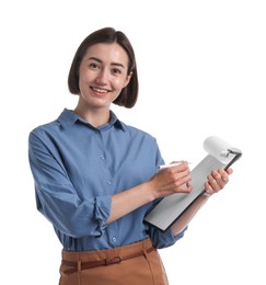 Photo of Smiling hostess in uniform with clipboard on white background