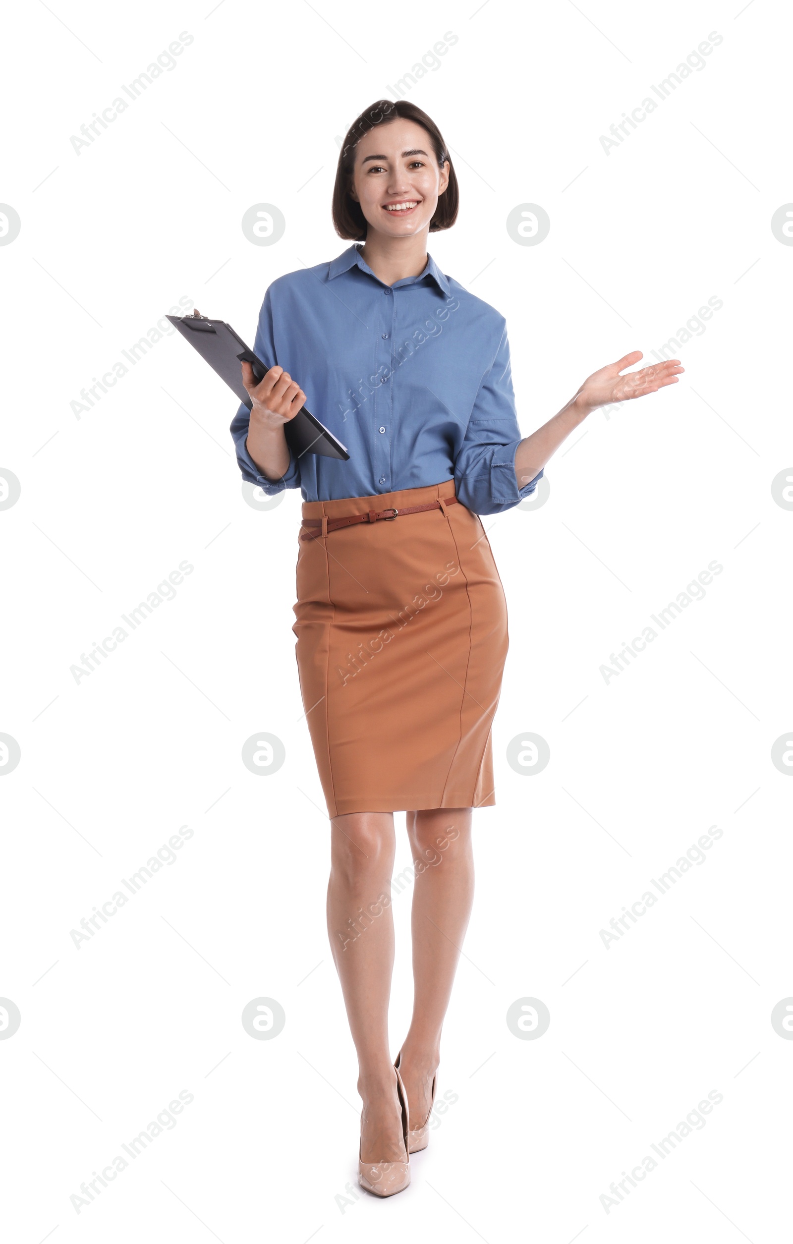 Smiling hostess in uniform with clipboard on white background Photo of Smiling hostess in uniform with clipboard on white background