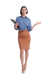 Photo of Smiling hostess in uniform with clipboard on white background