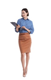 Photo of Smiling hostess in uniform with clipboard on white background