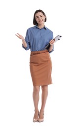 Photo of Smiling hostess in uniform with clipboard on white background