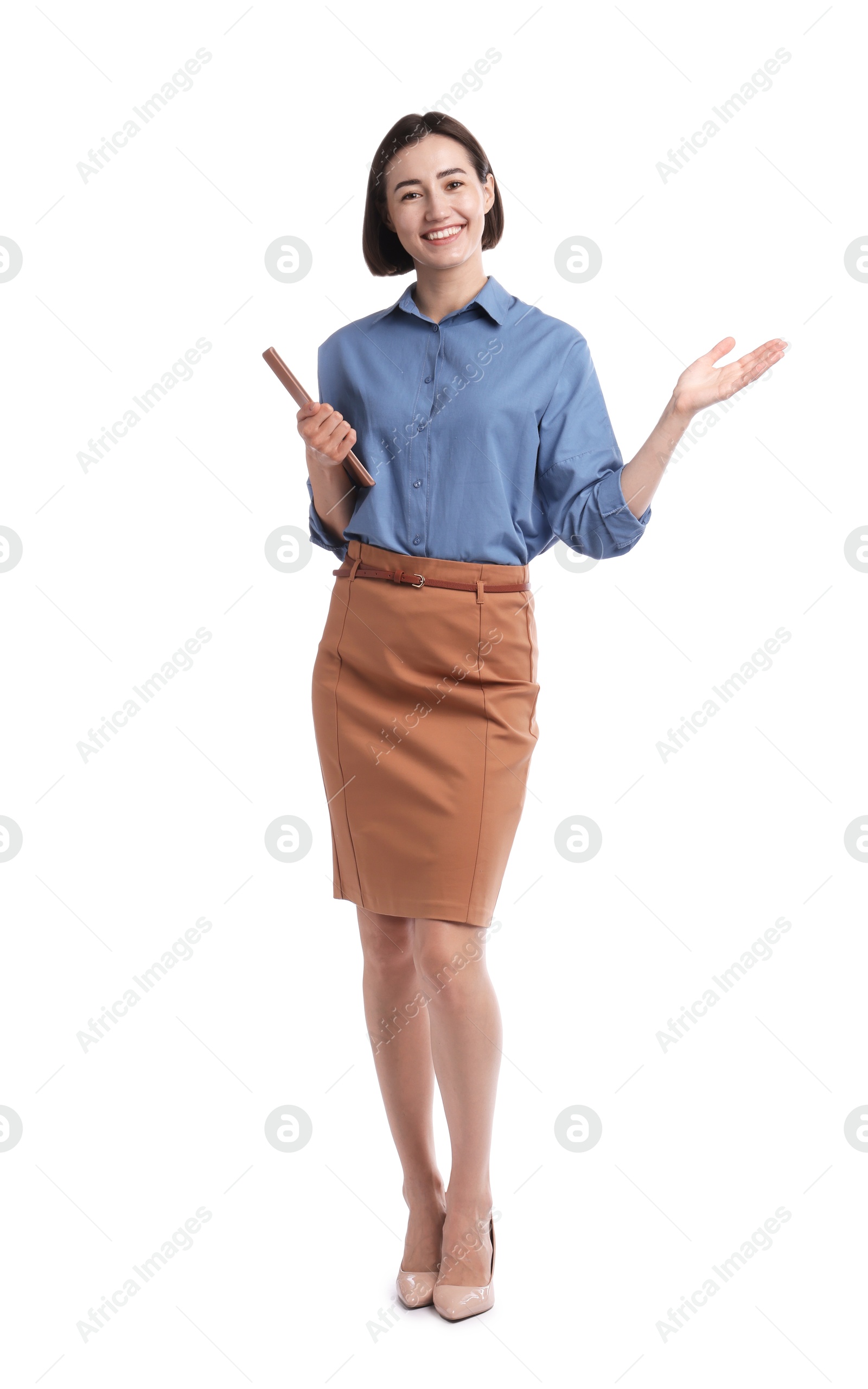 Smiling hostess in uniform with tablet on white background Photo of Smiling hostess in uniform with tablet on white background