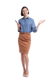 Photo of Smiling hostess in uniform with tablet on white background