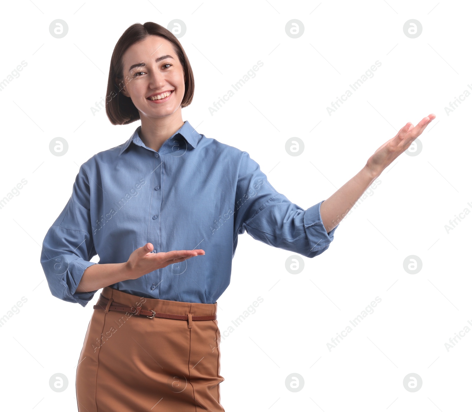 Portrait of hostess in uniform on white background Photo of Portrait of hostess in uniform on white background