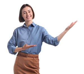 Photo of Portrait of hostess in uniform on white background