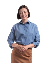 Photo of Portrait of smiling hostess in uniform on white background