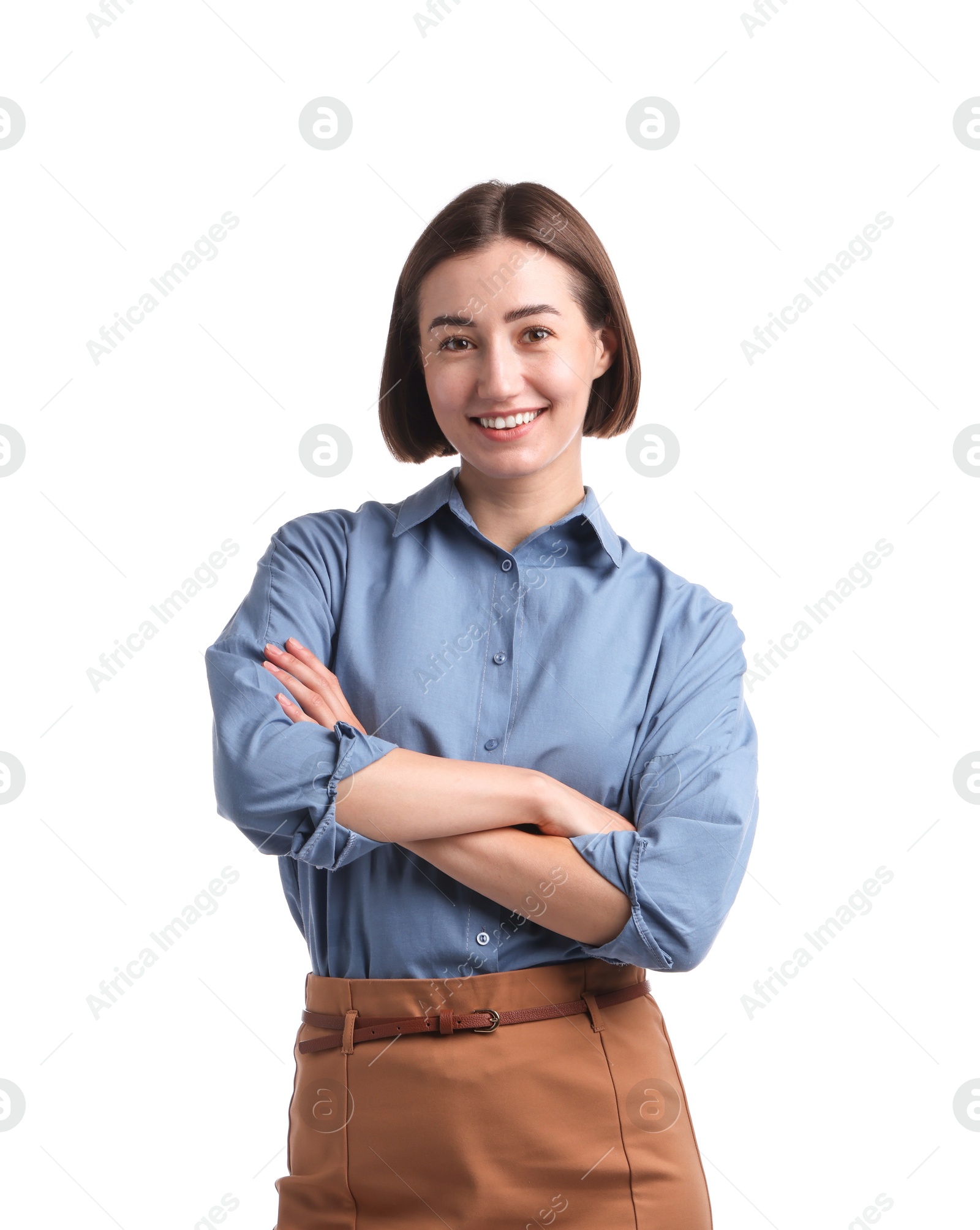 Portrait of smiling hostess in uniform on white background Photo of Portrait of smiling hostess in uniform on white background