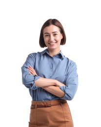 Photo of Portrait of smiling hostess in uniform on white background
