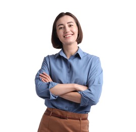 Photo of Portrait of smiling hostess in uniform on white background